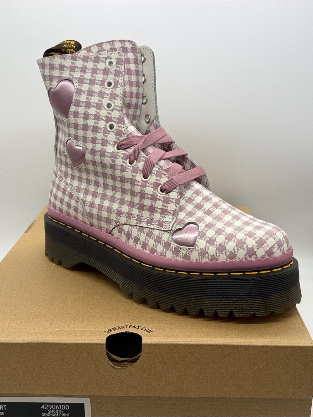 Dr. Martens Pink Gingham Lace-Up Platform Boot with Heart Details
